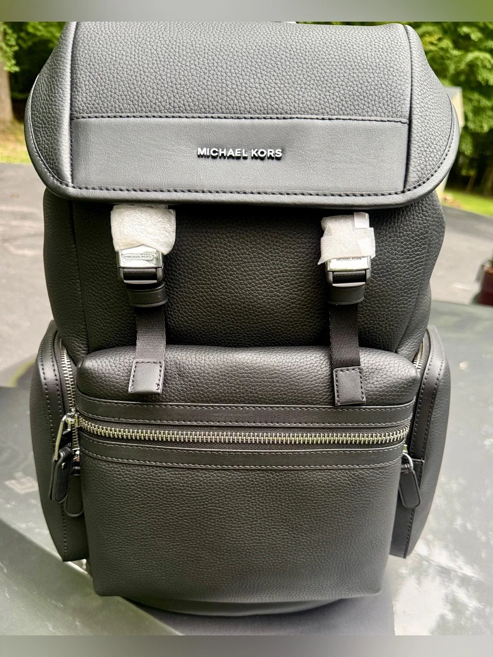 Michael Kors Black Pebbled Leather Flap Backpack